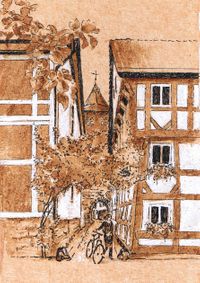 Hildesheim, Bild gemalt mit Kaffee auf Teebeutel. Beata Flei&szlig;ig